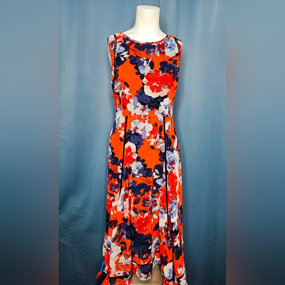 Just Taylor Maxi Dress Red- Orange Navy Floral Black Crochet Trim Size 4 NWOT